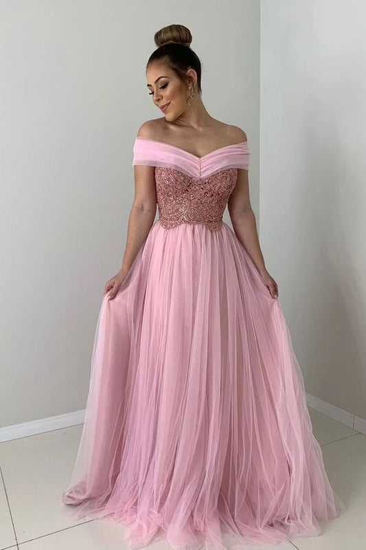 A-line Off the Shoulder Pink Tulle Long Prom Dress with Lace Appliques  cg6166