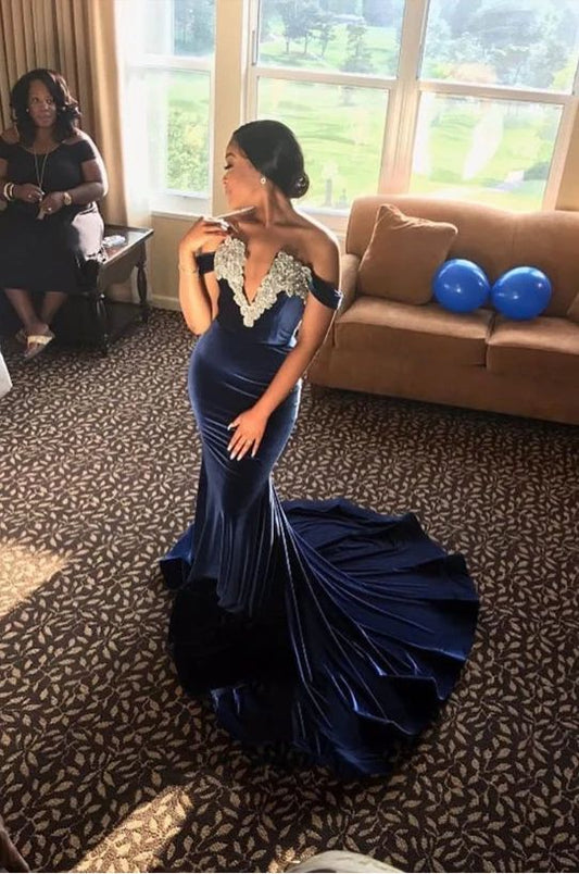 Charming Off Shoulder Mermaid Dark Navy Velvet Deep V Neck Long Prom dress cg6171