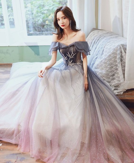 Simple Tulle Off Shoulder Prom Dress Blue Tulle Long Evening Dress  cg6173