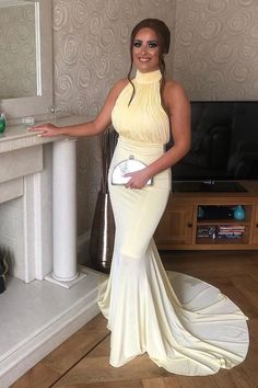 Elegant High Neck Mermaid Yellow Long Prom Dress with Open Back  cg6175