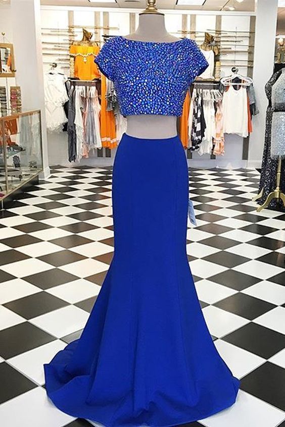 Royal blue chiffon round neck sequins two pieces long prom dresses   cg6188