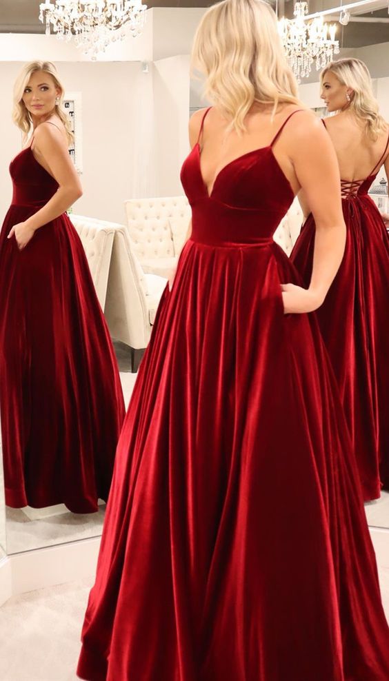 elegant dark red long prom dresses, formal velvet evening party dresses, simple prom gowns with pockets  cg6198