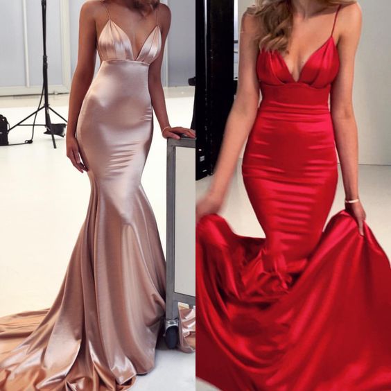 long satin mermaid plunge neck prom evening gown dresses  cg6206