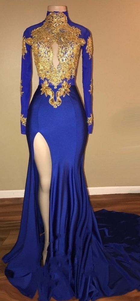 Gorgeous Royal Blue Prom Dresses | Gold Appliques Side Slit Mermaid Evening Dresses_  cg6207