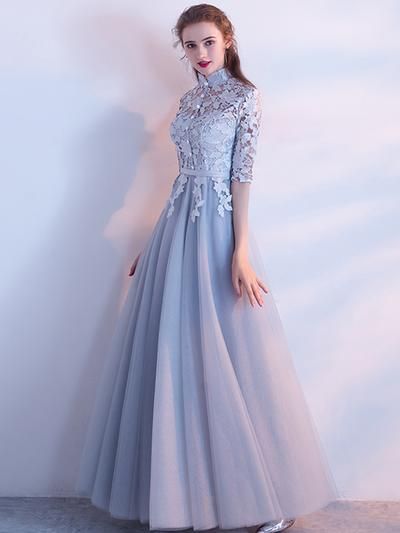 A-line High Neck Floor-length Half sleeve Tulle Prom Dress/Evening Dress  cg6217