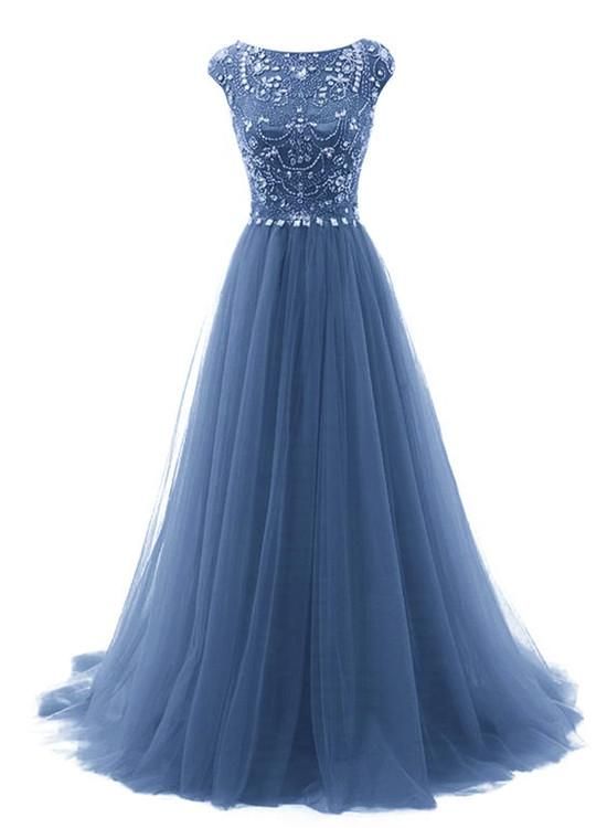 Beautiful Blue Round Neckline Beaded A-Line Party Dresses, Long Formal prom Gowns  cg6218