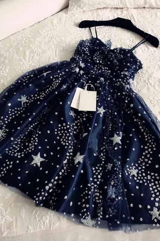 Spaghetti Straps Navy Blue Tulle Sweetheart Homecoming Dresses, Short homecoming Dresses cg623