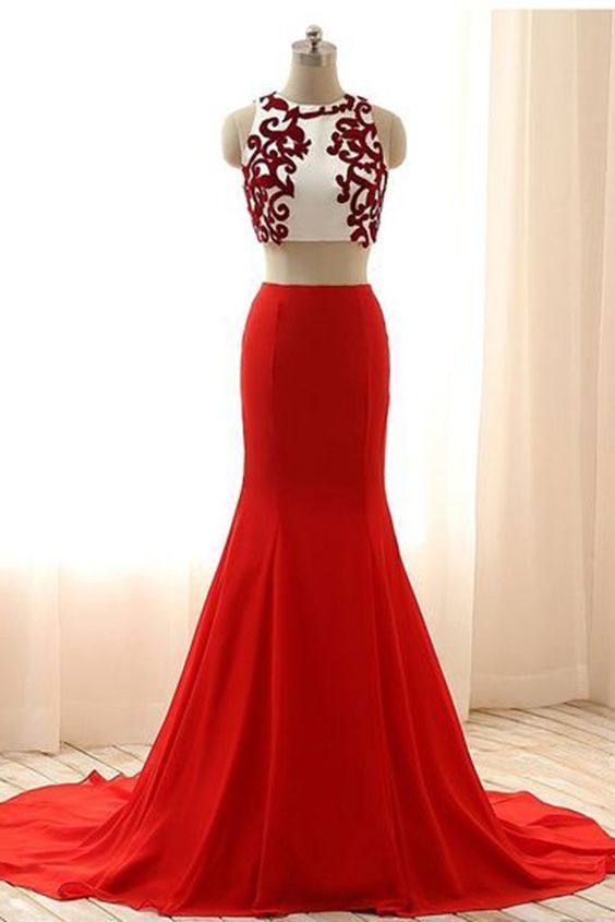 Luxury red chiffon two pieces applique round neck mermaid long dress formal dresses   cg6236