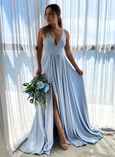 Light Blue Satin V Neck Long Bridesmaid prom Dress, Slit Wedding Guest Dress   cg6261