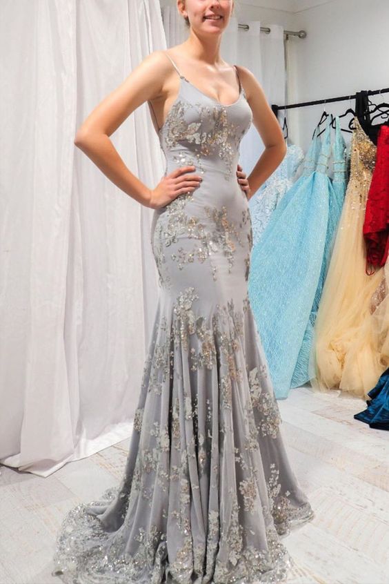 Mermaid Spaghetti Straps Backless Grey Prom Dress with Appliques  cg6263
