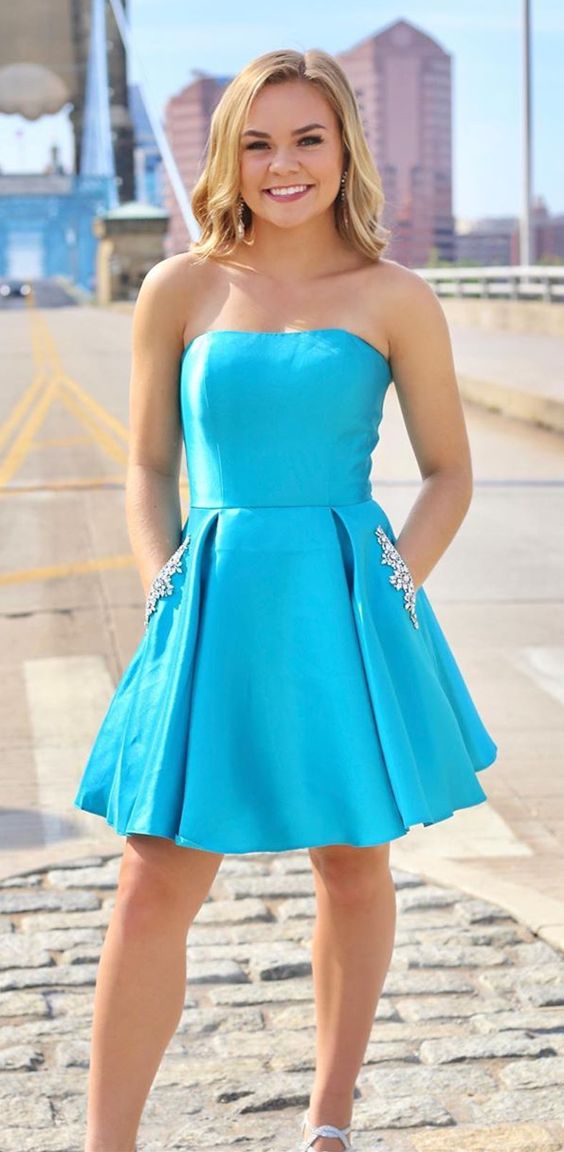 A Line Strapless Light Blue Short Homecoming Dress With Pockets Beading  cg6265
