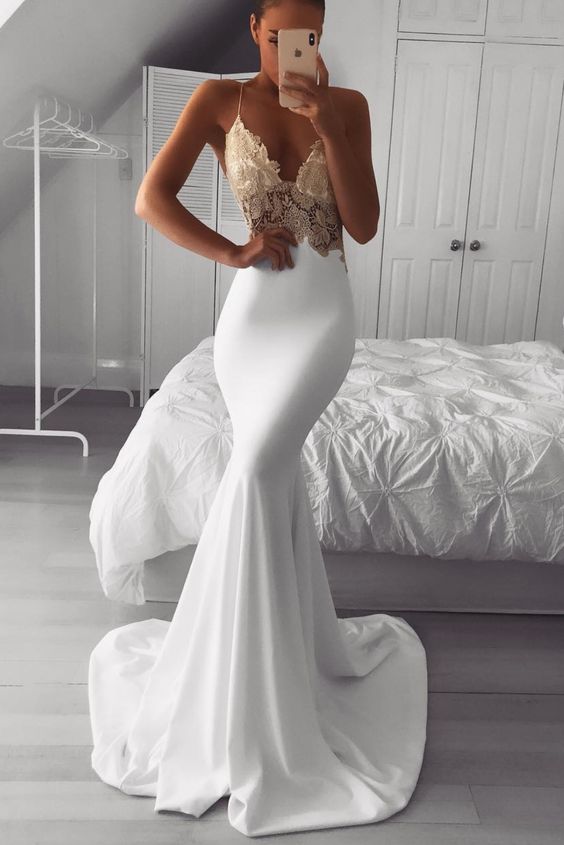 mermaid white formal gown with gold lace bodice and deep v neckline, perfect for prom 2020 night  cg6267