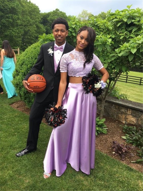 Purple Prom Dress with Lace,Two Pieces Prom Dress with Short Sleeve,Long Formal Party Gown  cg6293