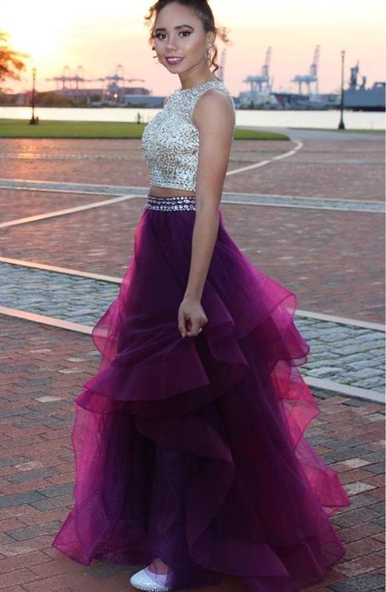 Two Pieces Sequined Ball Gown Open Back Evening Prom Dresses Grape Beading Quinceanera Dress Long  cg6328