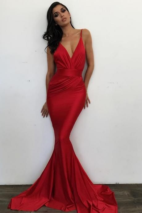 Simple v neck mermaid long prom dress, red evening dress  cg6333