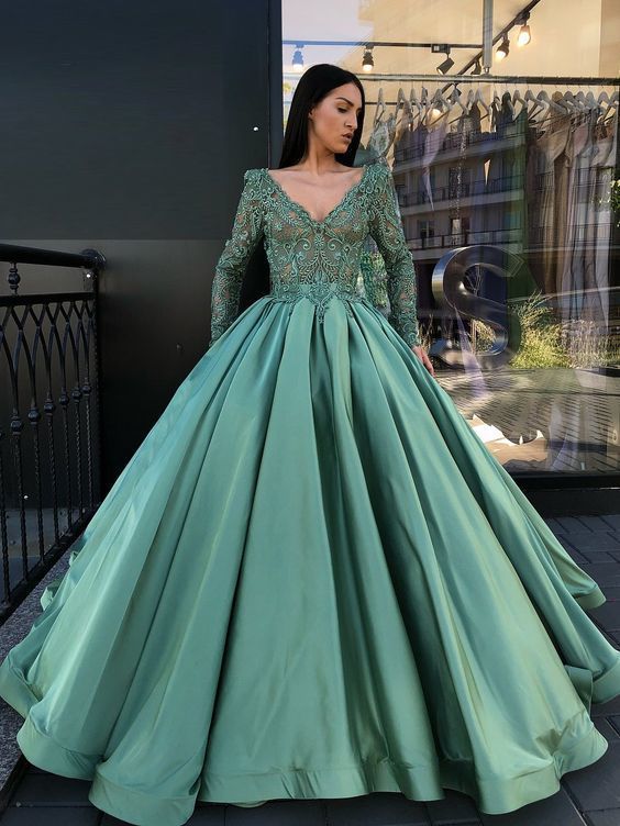 A-line V neck Green Prom Dresses Long Sleeve Lace  cg6335