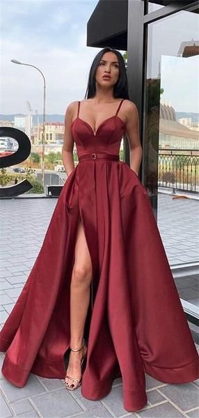 A-line Floor-length Spaghetti Straps V-neck Long Prom Dresses With Split  cg6341