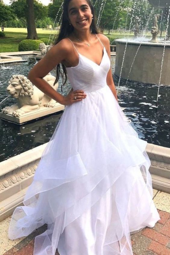 White Long Prom Dress with Spaghetti Straps   cg6352