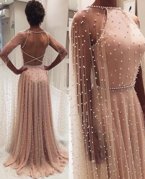 Chic A-line Long Sleeve Prom Dresses Beading Pink Long Evening Dress  cg6369