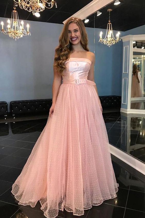 A-Line Strapless Floor-Length Pink Tulle Prom Dress with Belt   cg6385