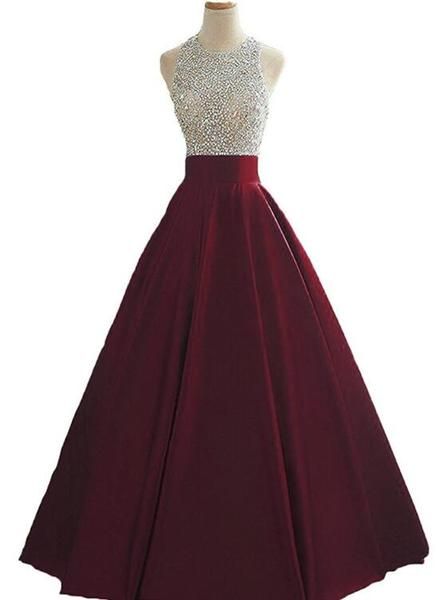 Wine Red Sequins And Beaded Backless Satin Formal Gown, Handmade Party prom Dress  cg6403