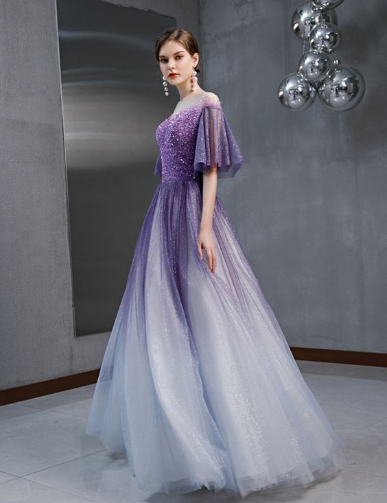 Gradient Purple Sequins Tulle Short Sleeve Long A Line Prom Dress, Evening Dress  cg6423