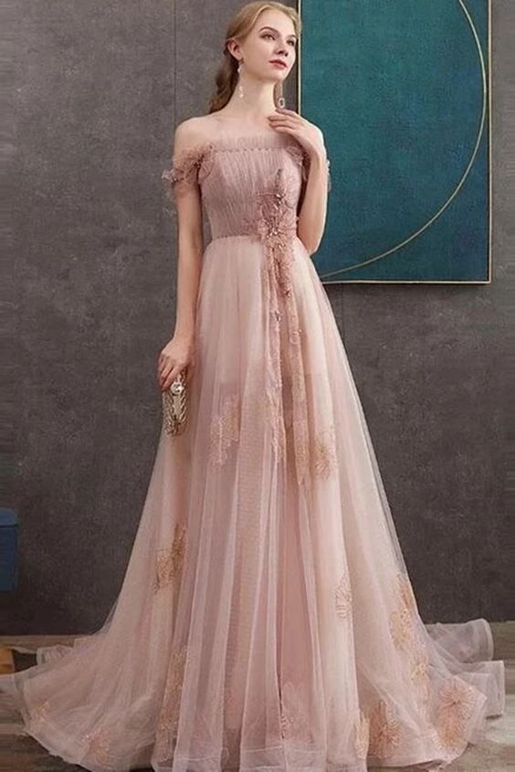A-line Off-the-shoulder Pearl Pink Long Prom Dresses Evening Dress   cg6452