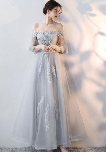 Gray tulle lace long prom dress, lace evening dress  cg6457