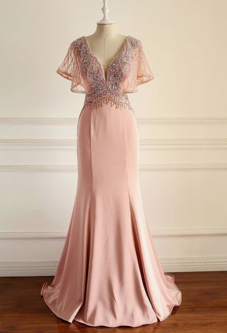 Chic V neck Mermaid Long Prom Dress Pink Beaded Party Dress   cg6467