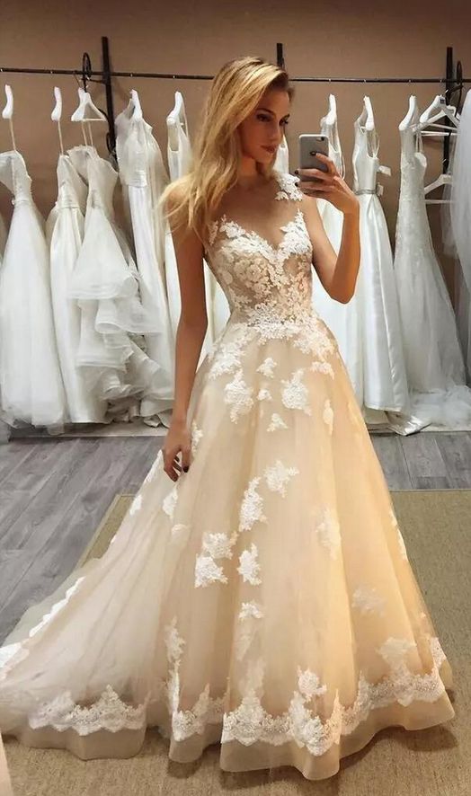 Champagne Lace Applique Prom Dress, Sheer Neck Sleeveless Sweep Train Prom Dress,Illusion A Line Dresses  cg6476
