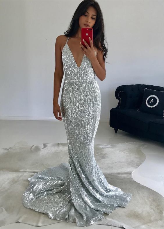 Shiny sliver mermaid sequined long prom dresses,sexy spaghetti straps v neck prom party dress  cg6500