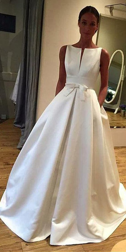 Elegant Satin Bateau Neckline A-line Wedding prom Dress With Bowknot   cg6501