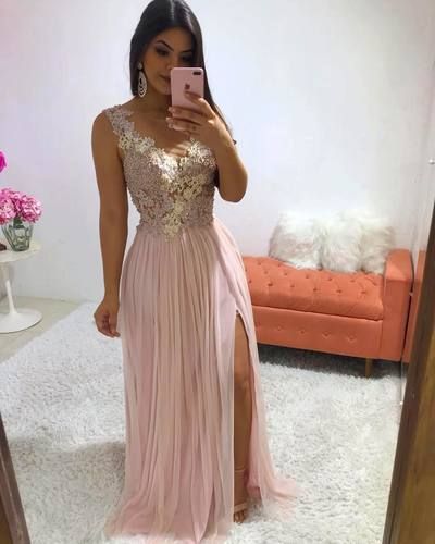 Stunning Pink Long Evening Dress Appliques Beaded Side Split Formal Prom Dresses Women Party Gowns   cg6504