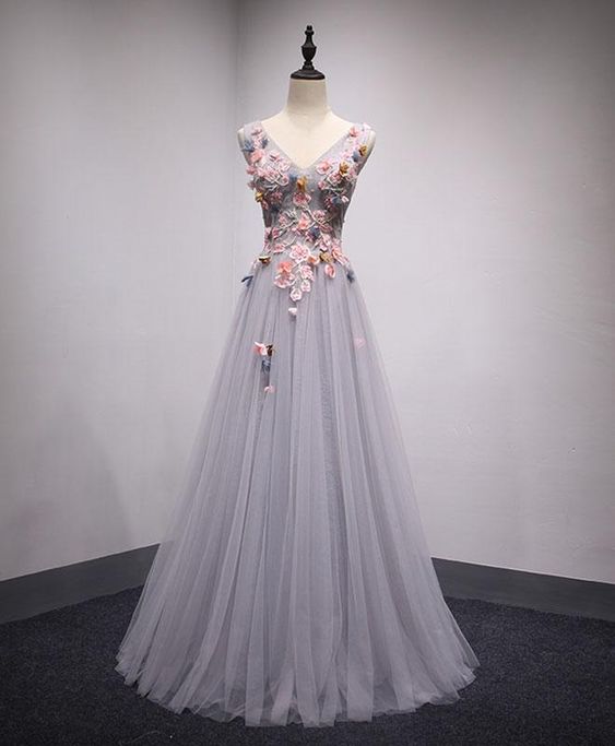 GRAY TULLE LONG A-LINE SENIOR PROM DRESS WITH PINK APPLIQUES  cg6517