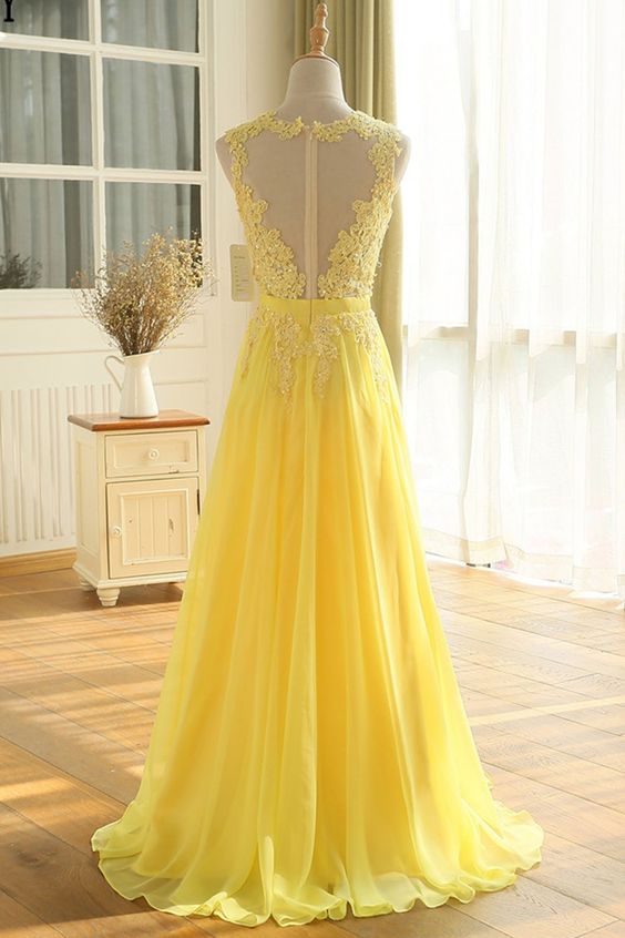 Yellow Floor Length A Line Beading Appliques Sashes Sleeveless Chiffon Long Prom Dress  cg6519