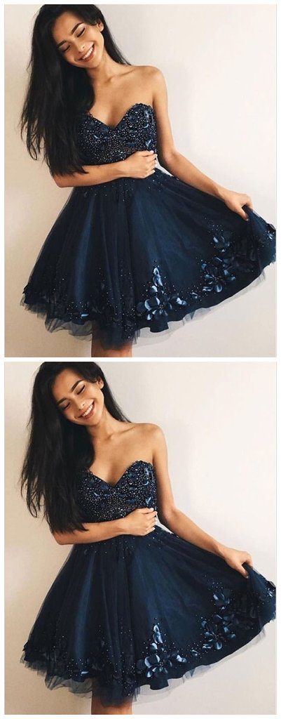A-Line Sweetheart Navy Blue Tulle Homecoming Dress cg655