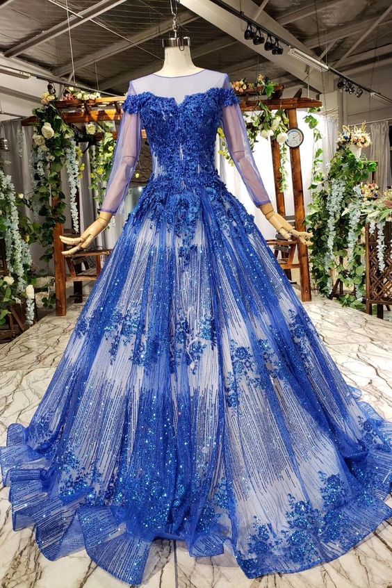 Charming Long Sleeve Round Neck Tulle Blue Beads Ball Gown Prom Dresses with Lace up  cg6554