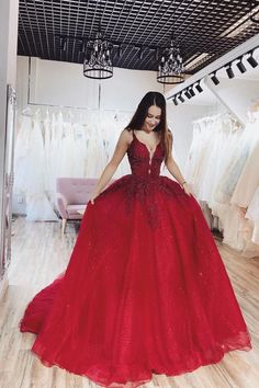 Princess A Line Deep V Neck Red Long Prom/Evening Dress Appliques  cg6555