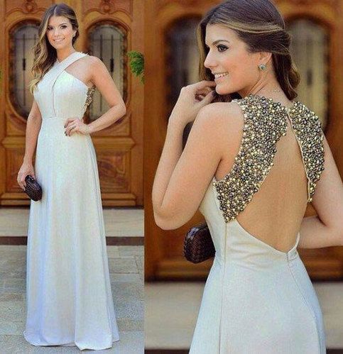 White Open Back Long Prom Dresses with Beaded   cg6577