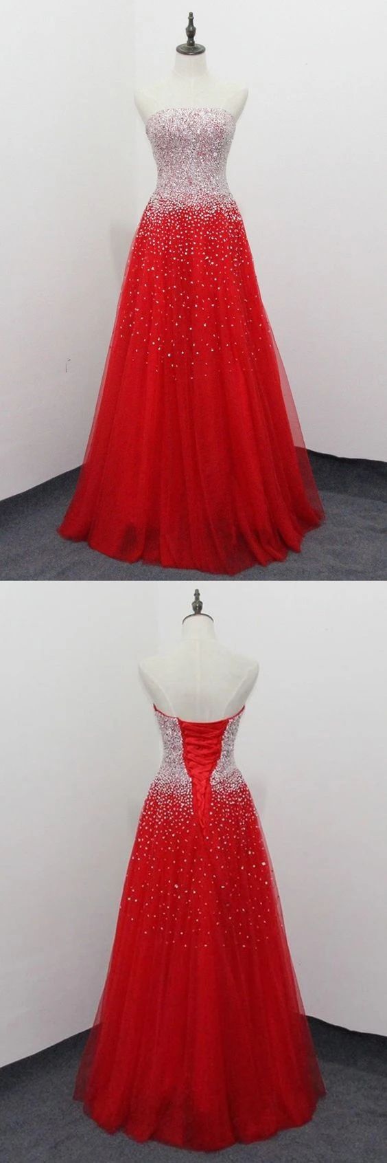 Red Sweetheart Long Tulle Prom Dresses with Beadings   cg6589