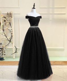 Black tulle sequin long prom dress, black tulle evening dress  cg6597