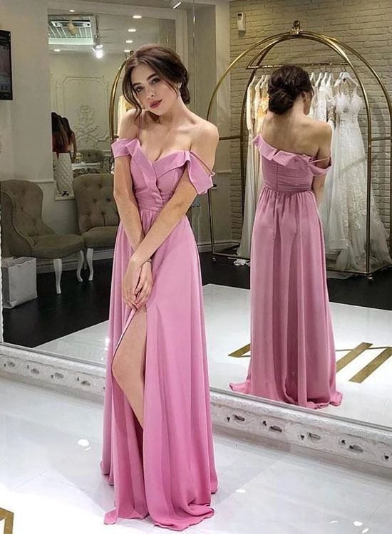 Simple pink v neck chiffon long prom dress, pink evening dress  cg6610