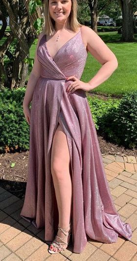 Straps V Neck Long Prom Dress Fuchsia Silver Formal Evening Gown with Slit   cg6632