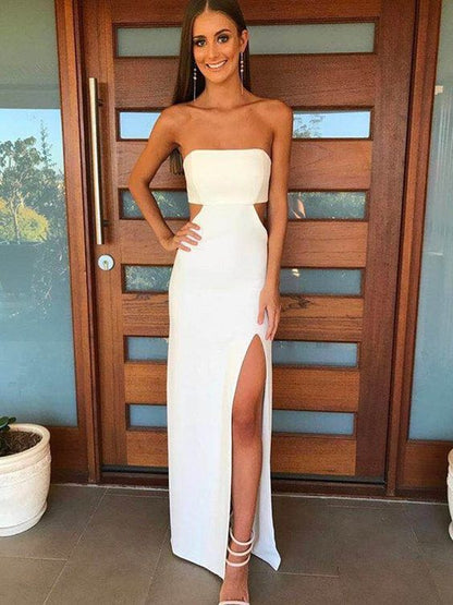 A Line Strapless White Prom Dress with Waist Cutout  cg6633