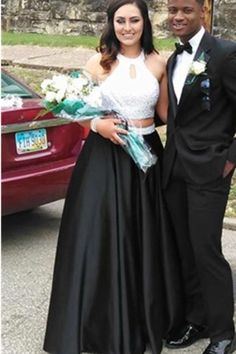 Boho Prom Dresses, Cheap A Line Satin Black With White Two Pieces Halter Prom Dresses  cg6642