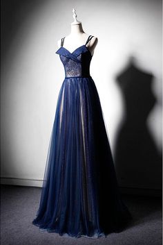 Navy Blue Tulle V Neck Long Women Prom Dress, Lace Up Evening Dress  cg6665