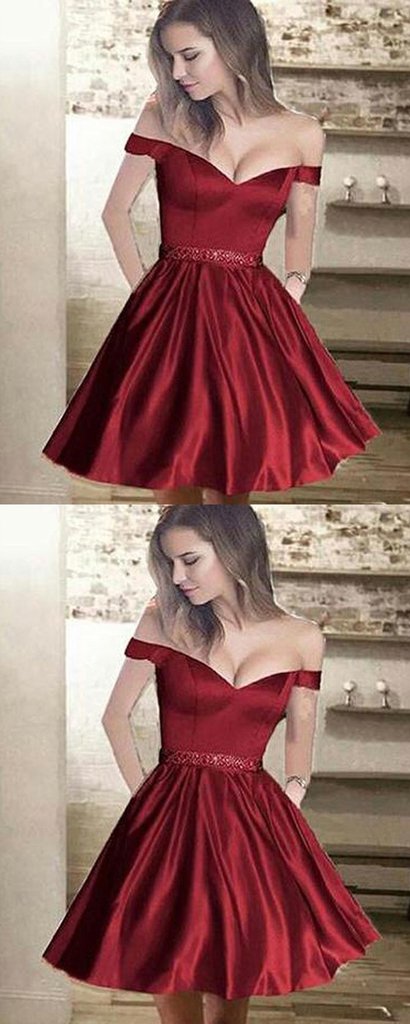 A-Line Off Shoulder Burgundy Homecoming Dresses With Beading cg668
