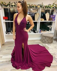 Gorgeous V Neck Mermaid Maroon Long Prom Dress with Train   cg6756