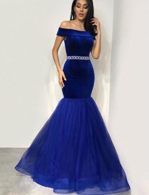 Royal Blue party dress off shoulder evening dress mermaid beading long prom dress   cg6778