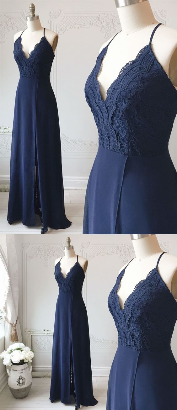 Spaghetti Straps Floor Length Navy Blue Lace Prom Dresses, Navy Blue Lace Formal Evening Bridesmaid Dresses cg680